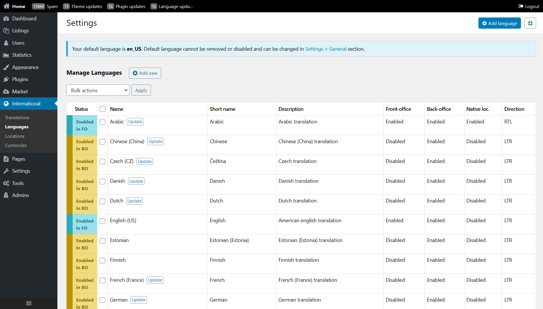 Manage languages