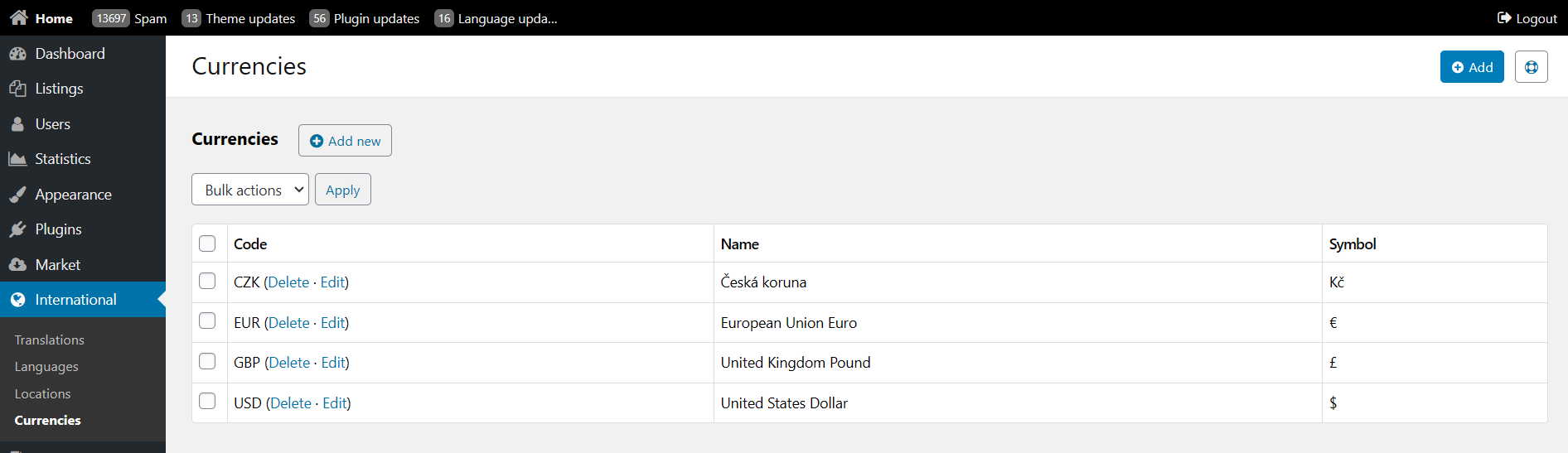 Manage currencies