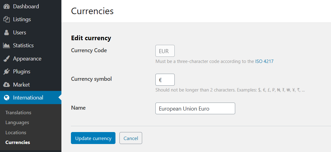 Edit currency
