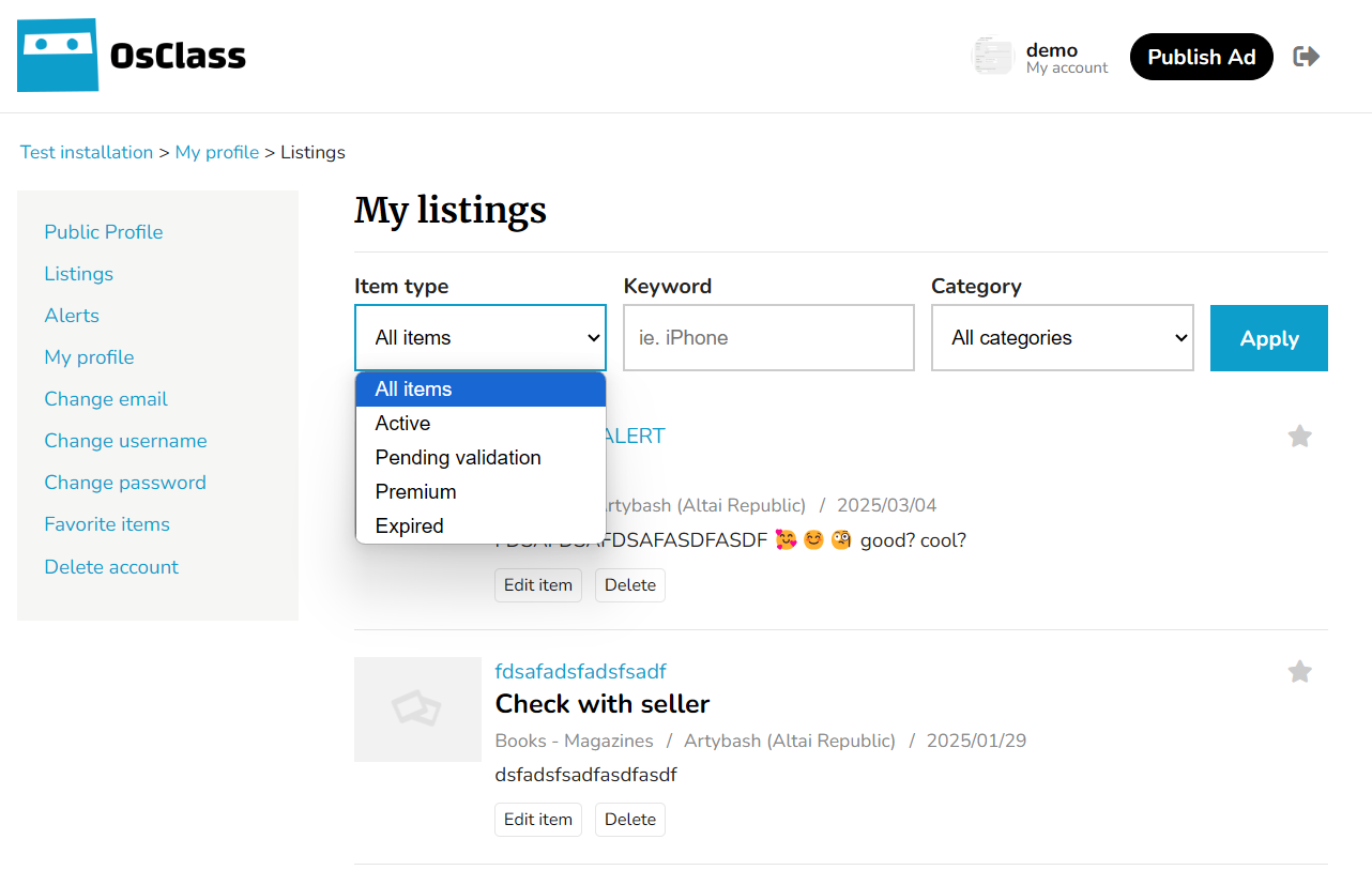 User items filter